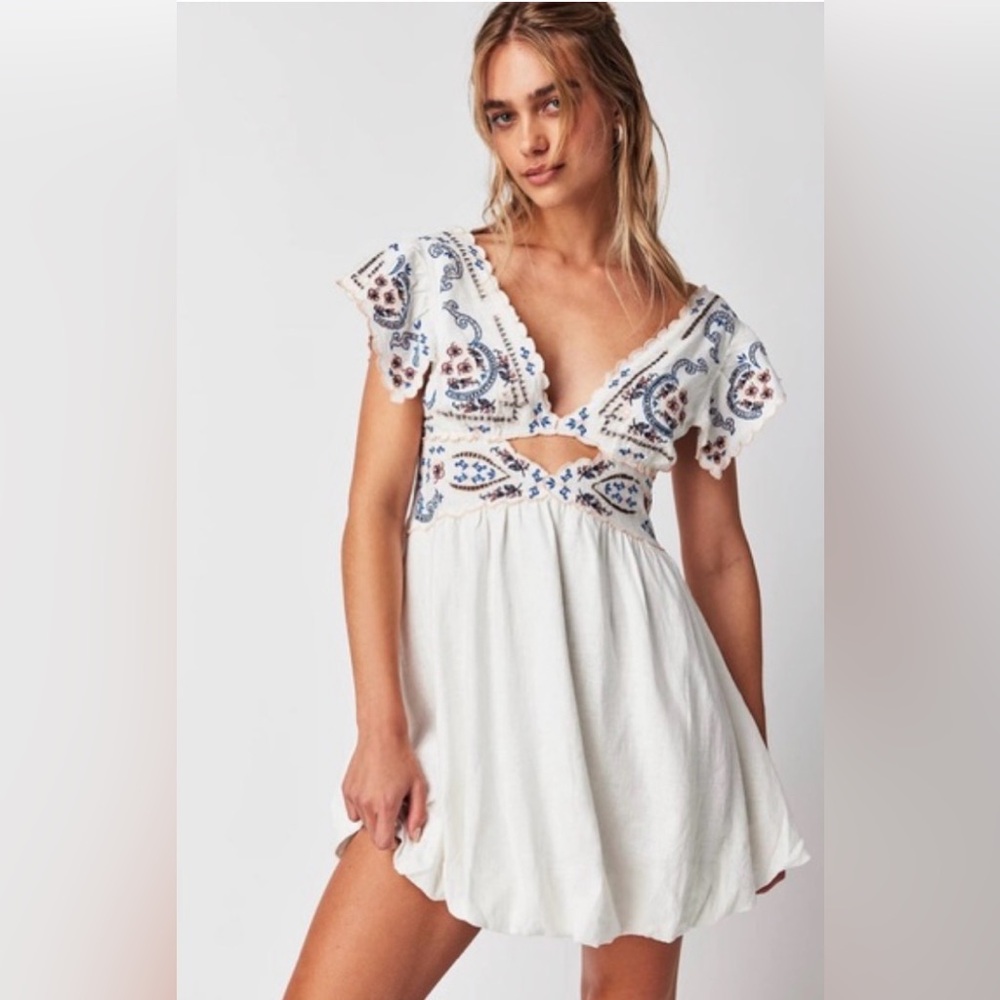 Free People Embroidered White and Blue Dress